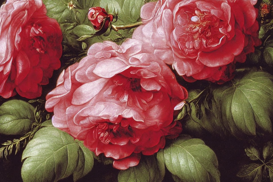 Detailed Close-Up of Vibrant Pink Roses with Lush Green Leaves
