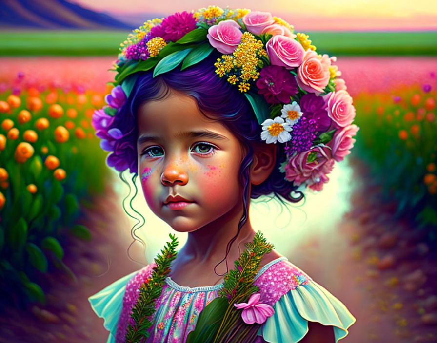 Digital painting of young girl with floral crown in vibrant flower field at sunset
