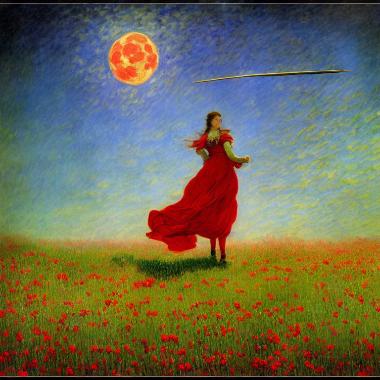 Woman in red dress in poppy field under red moon with shooting star