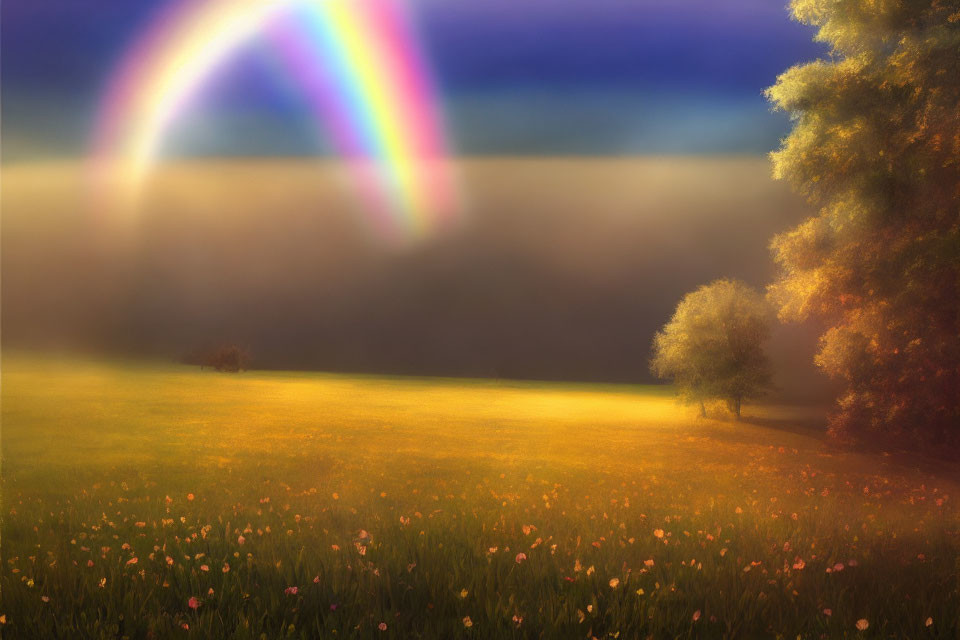 Vibrant rainbow over golden field with lone tree and pink flowers