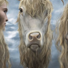 Highland cow art with blended faces of two women on cloudy sky background