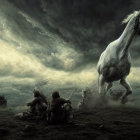 White horse and warriors under dramatic sky