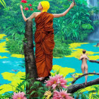 Monk in orange robes on tree branch above lush forest with waterfalls and child.