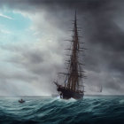Tall ship braving stormy seas with seagulls and ships in background