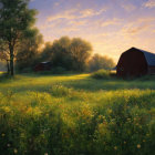 Tranquil red barn and outbuilding in lush landscape at sunrise or sunset