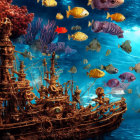 Colorful coral reef with sunken ship and tropical fish