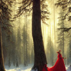 Person in Red Cloak Stands in Snowy Forest with Sunbeams
