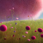 Whimsical landscape with pink fuzzy tree and floating spheres