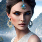 Regal woman with elegant headpiece and jewelry gazes intently