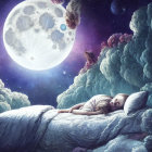 Child sleeping on cloud-like bed under detailed moon and starry sky