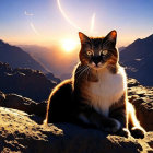 Majestic cat on mountain at surreal sunset with celestial bodies