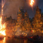 Majestic castle illuminated at night with fireworks and boats in celebration