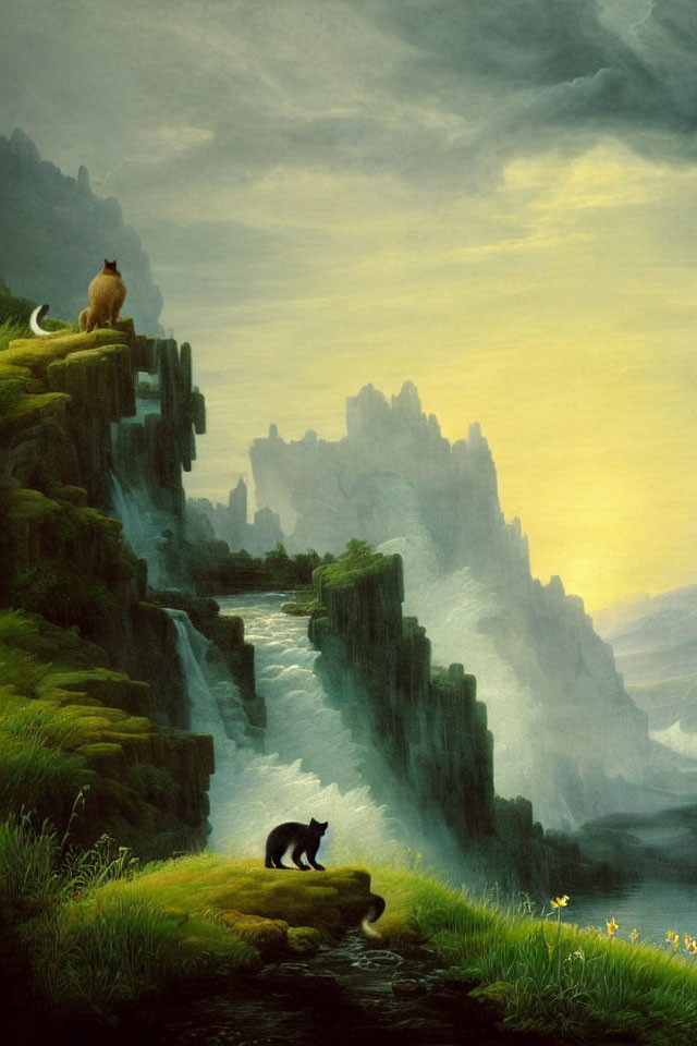 Majestic lions on green cliffs above misty valley with waterfalls