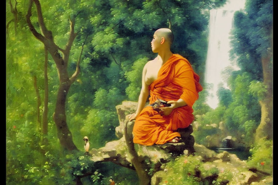 Monk in orange robes meditating by forest waterfall