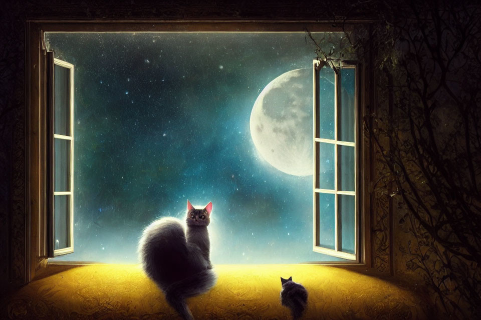 Two cats on windowsill under full moon.