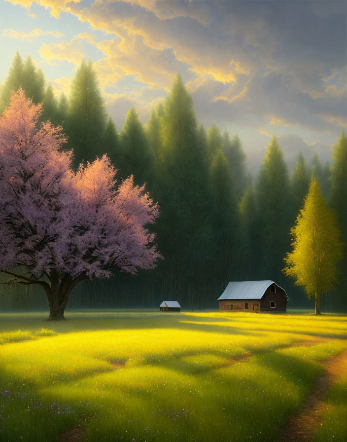 Tranquil landscape with pink blossoming tree, wooden cabin, sunlight, green field, yellow flowers