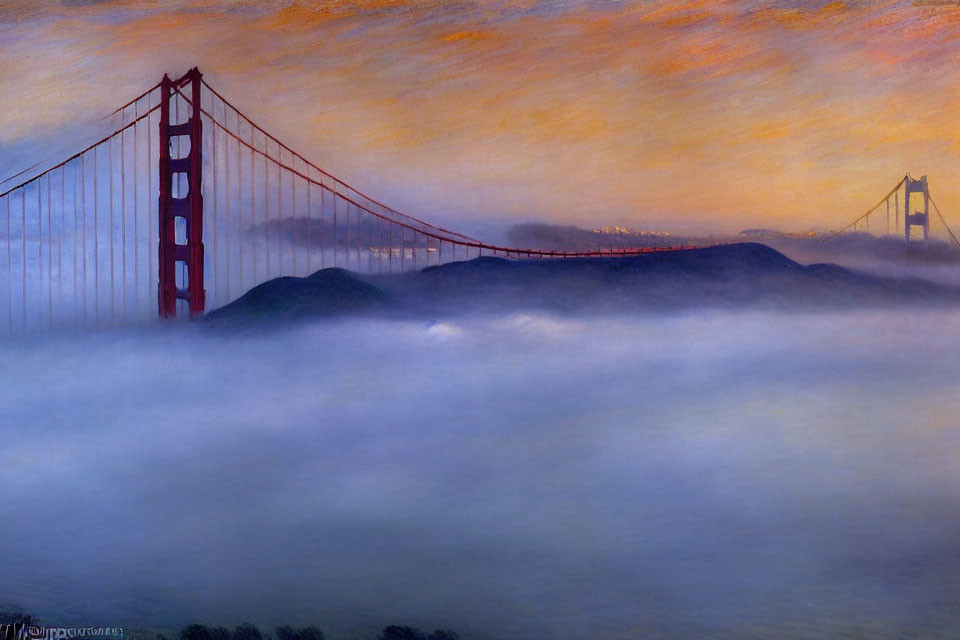 Iconic Golden Gate Bridge Sunrise with Orange and Blue Sky in Foggy Atmosphere