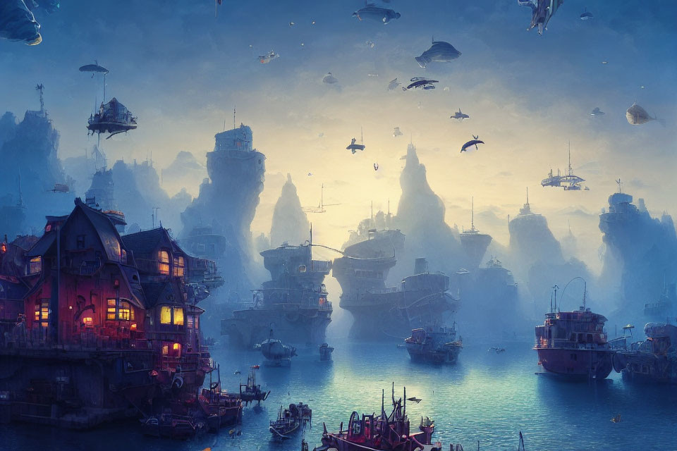 Fantastical dusk cityscape with floating islands and airships