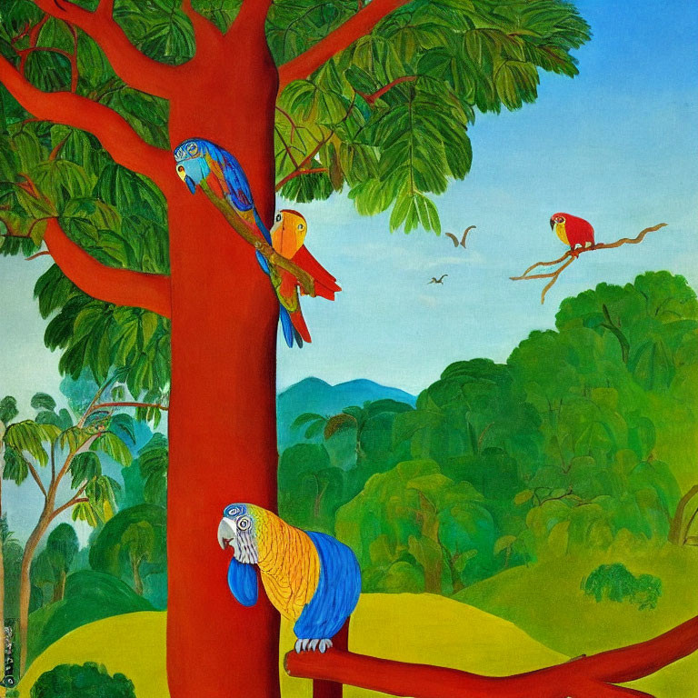 Colorful painting of red-trunked tree, parrots, and lush landscape