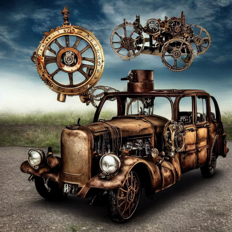 Steampunk-style vehicle with gears and clocks in misty setting
