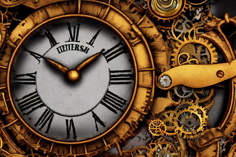 Steampunk-themed clock with Roman numerals and gears on metallic background