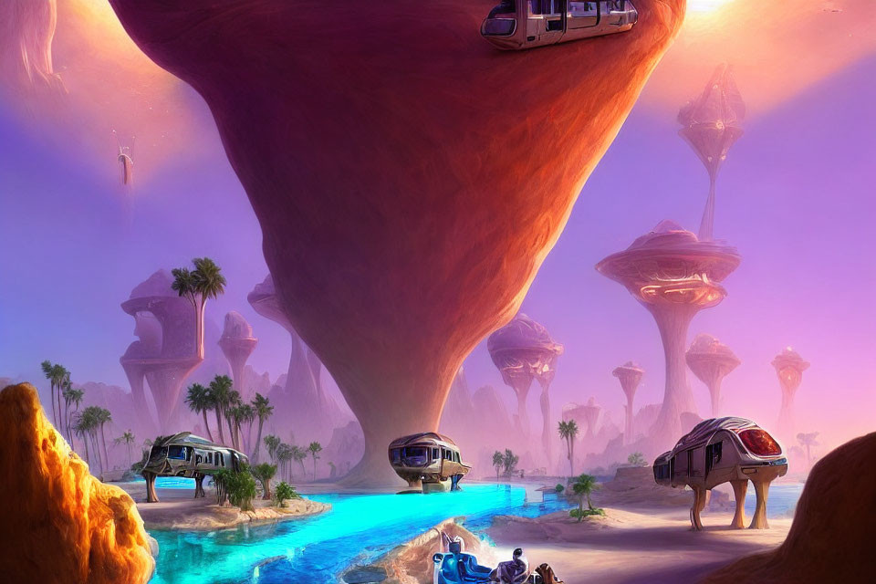 Futuristic sci-fi landscape with floating rocks, vehicles, and purple sky