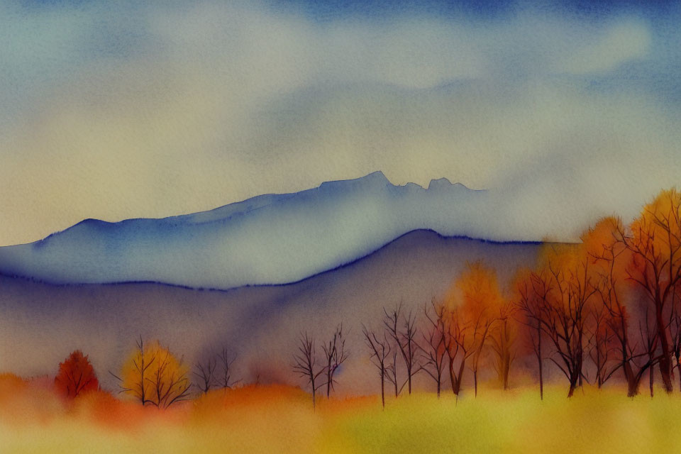 Scenic watercolor landscape of autumn hills and mountains