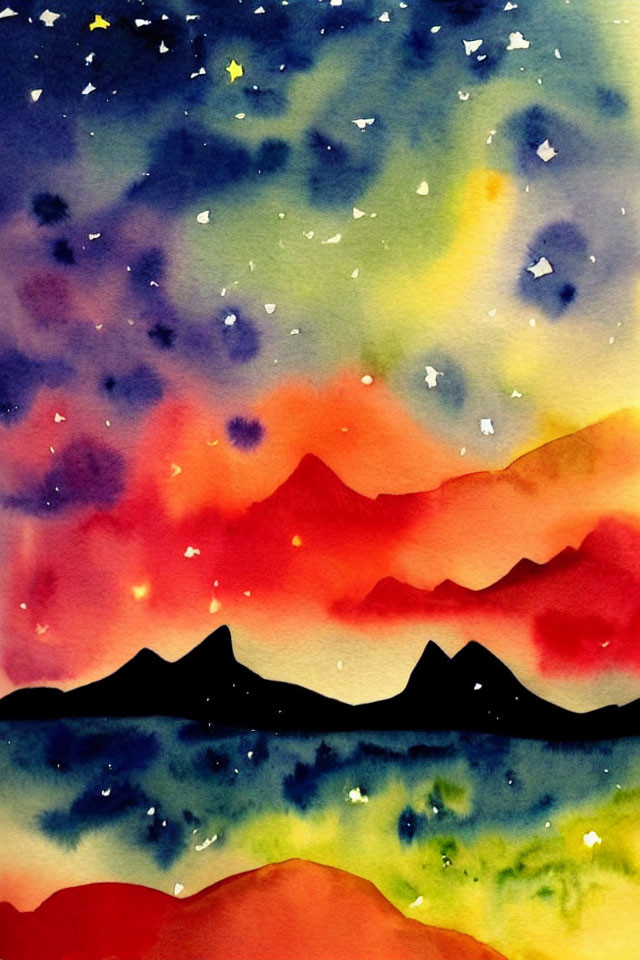 Vibrant Watercolor Painting of Starry Night Sky and Mountains
