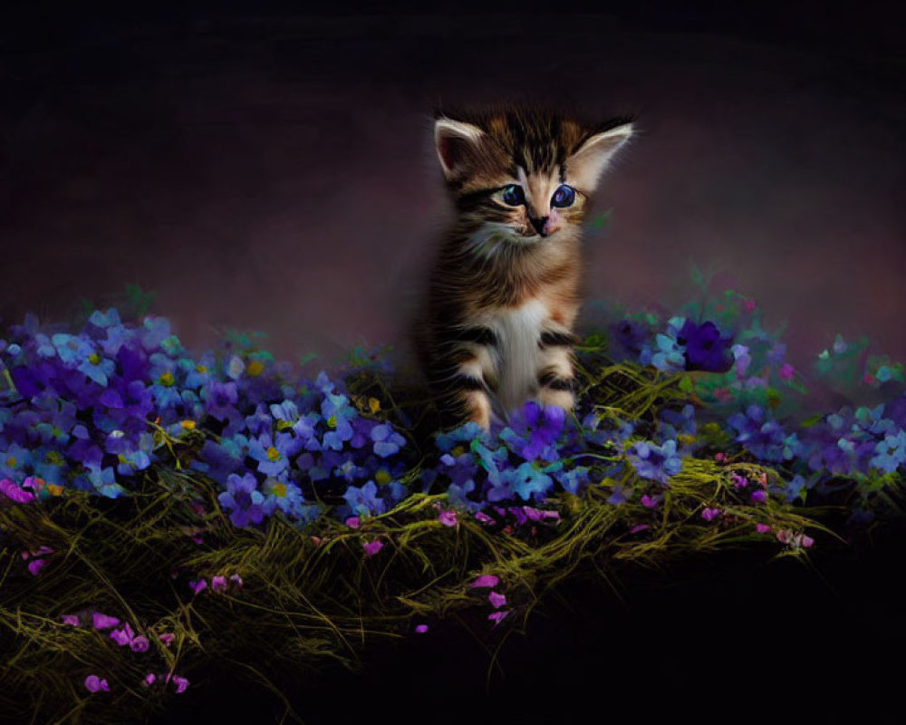 Adorable kitten among blue and purple flowers on dark background