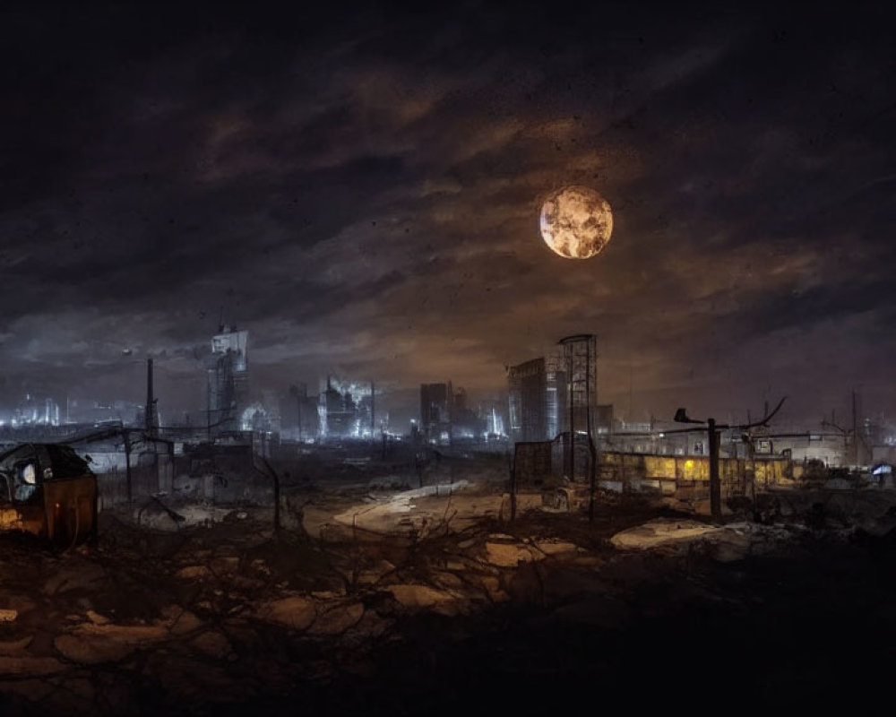 Dystopian night scene with full moon over desolate urban landscape