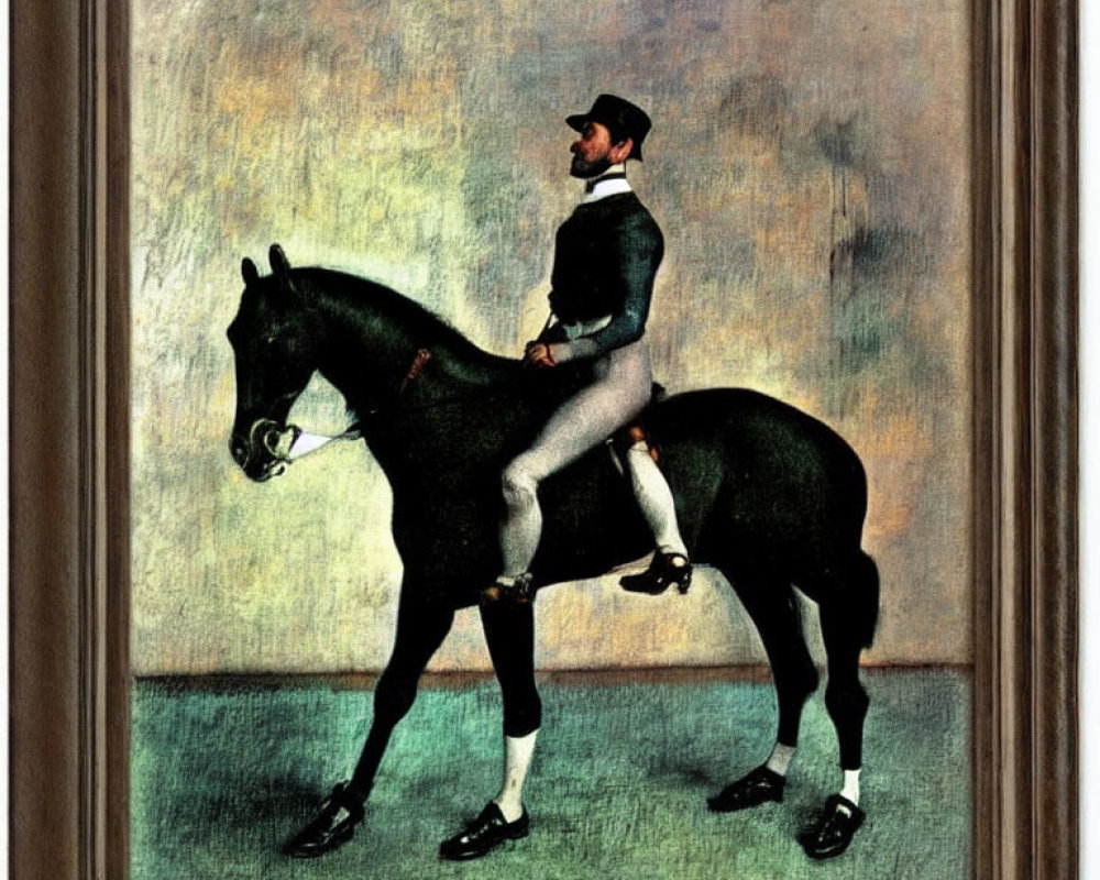 Impressionist painting of rider on dark horse against textured background