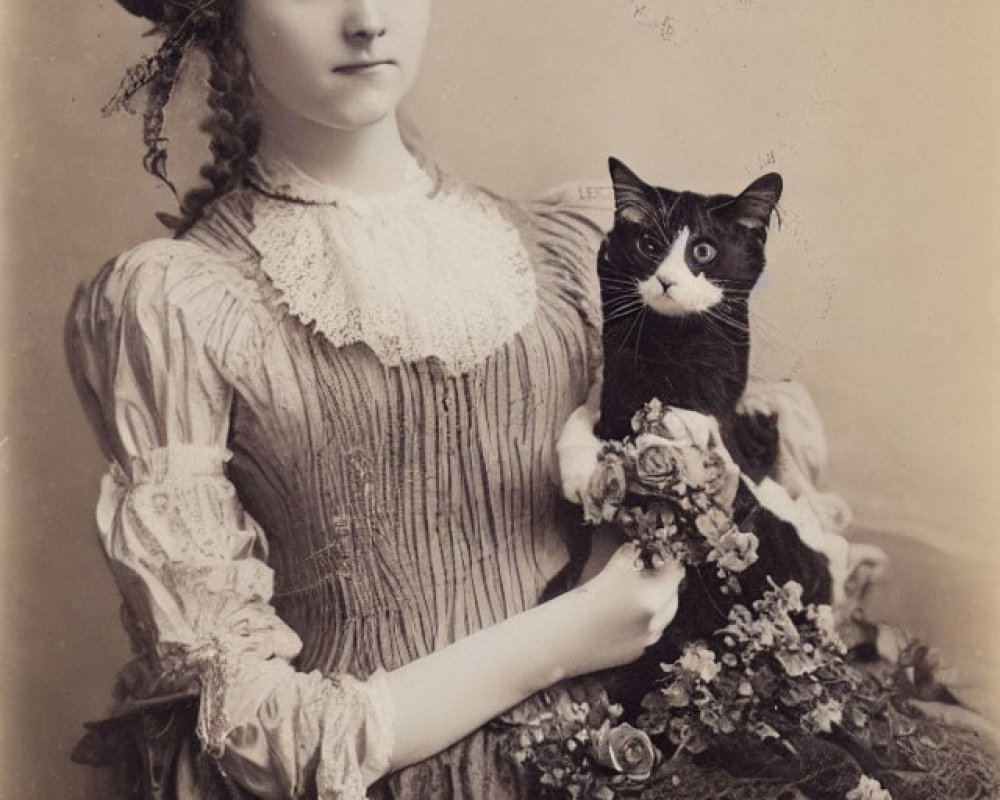 Victorian-era woman in ruffled dress with black and white cat and floral decorations