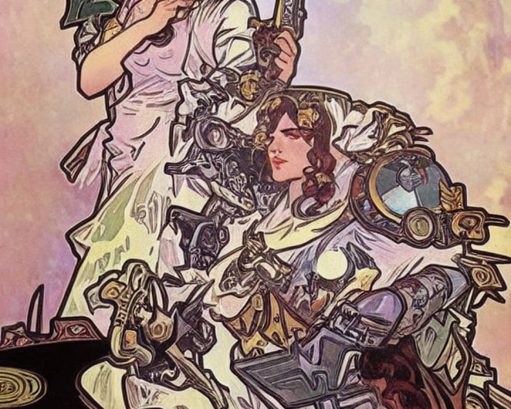 Art Nouveau style illustration of two women with gun and mechanical elements