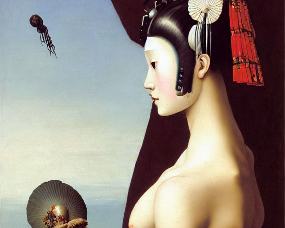 Surrealist painting: Geisha with ship, octopus, and sea creature