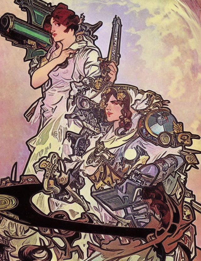 Art Nouveau style illustration of two women with gun and mechanical elements