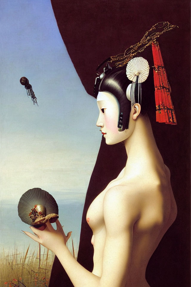 Surrealist painting: Geisha with ship, octopus, and sea creature