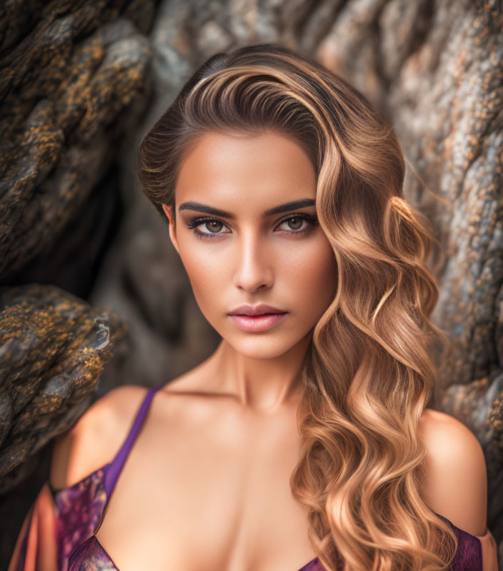 Styled woman with wavy hair and bold makeup near textured rocks