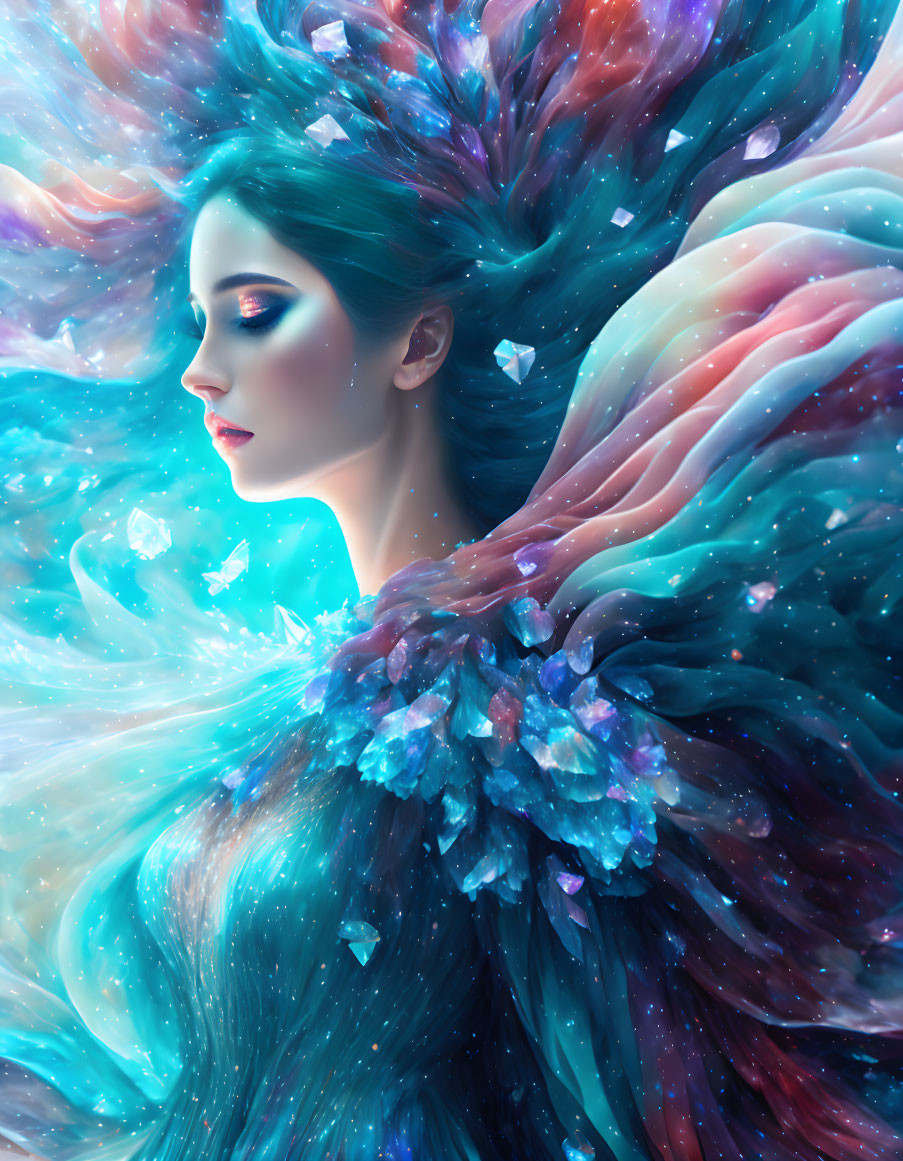 Multicolored flowing hair woman with cosmic theme.
