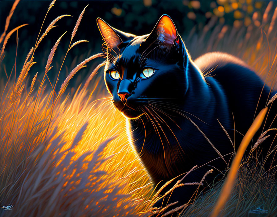 Black cat with green eyes in golden grass under sunlight