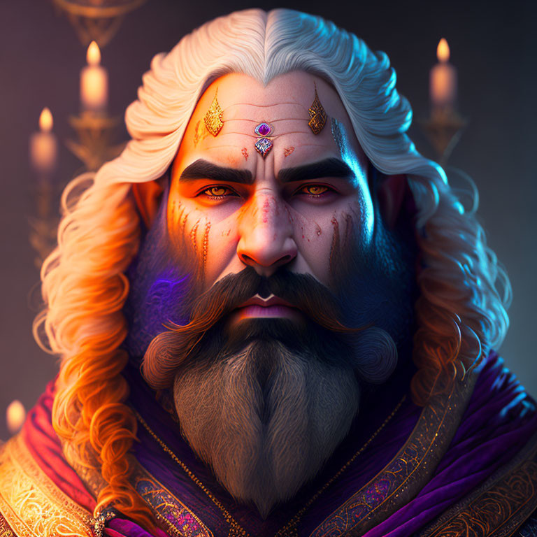 Illustrated portrait of noble character with thick beard and ornate head jewelry in purple attire on dark background