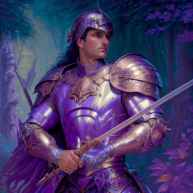 Regal knight in purple armor wields sword in mystical forest