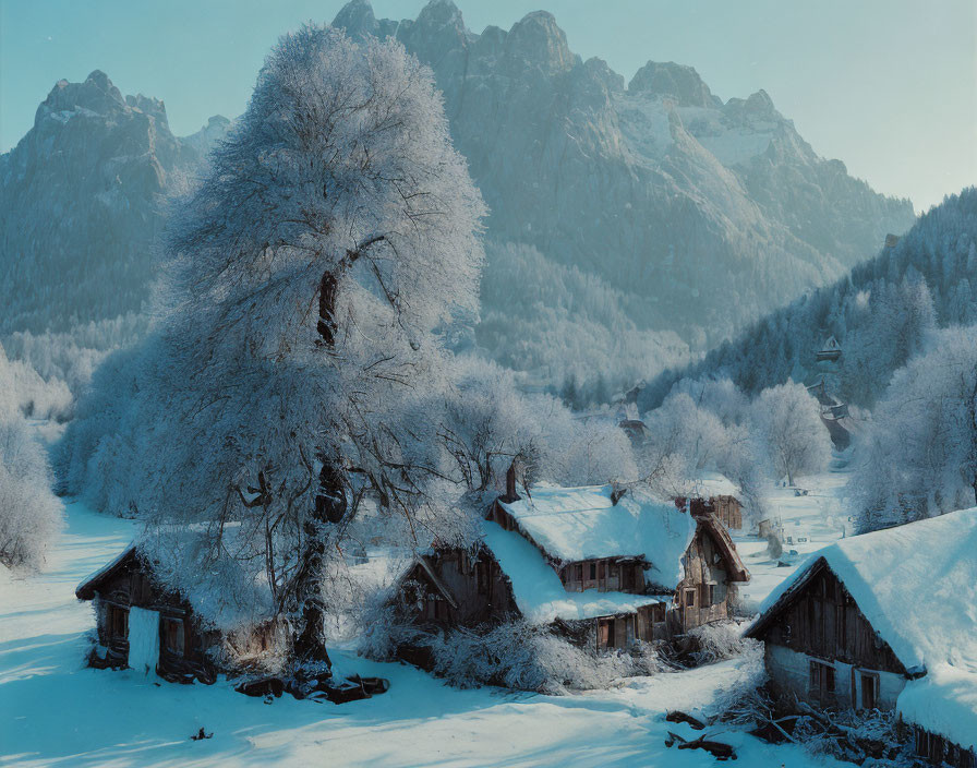 Winter scene: Snow-covered landscape with frosted tree, wooden houses, and alpine mountains.
