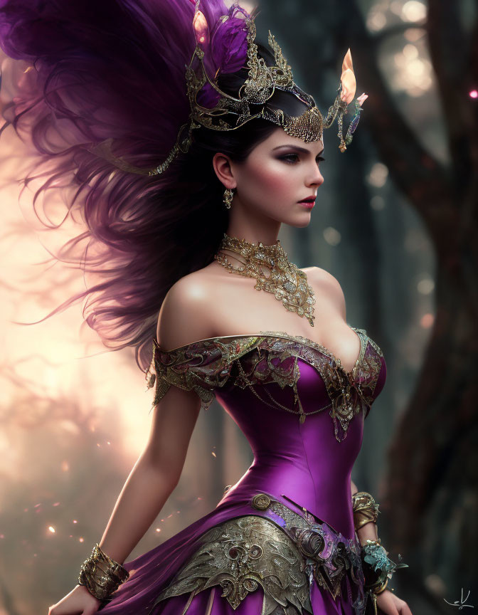 Regal woman with purple hair in ornate dress and headdress in mystical forest