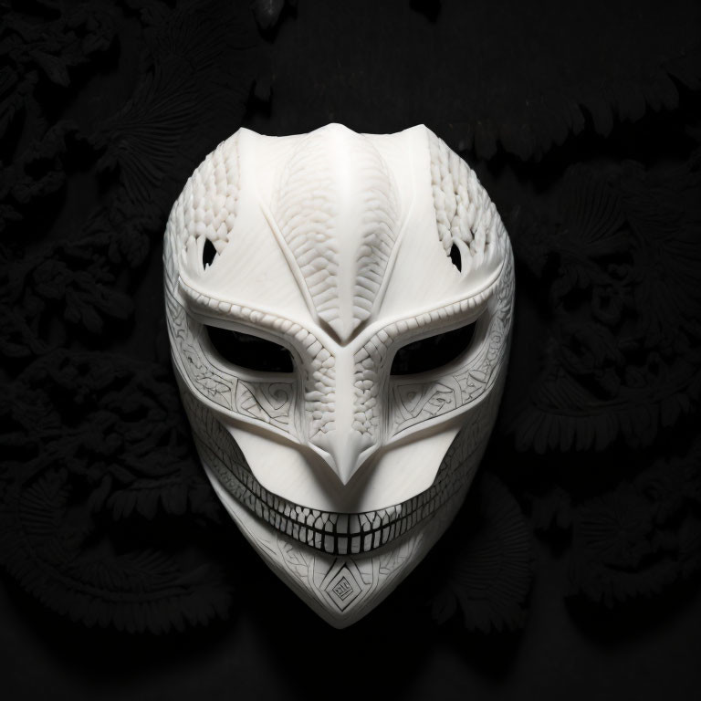 Detailed White Mask with Patterned Design on Dark Floral Background