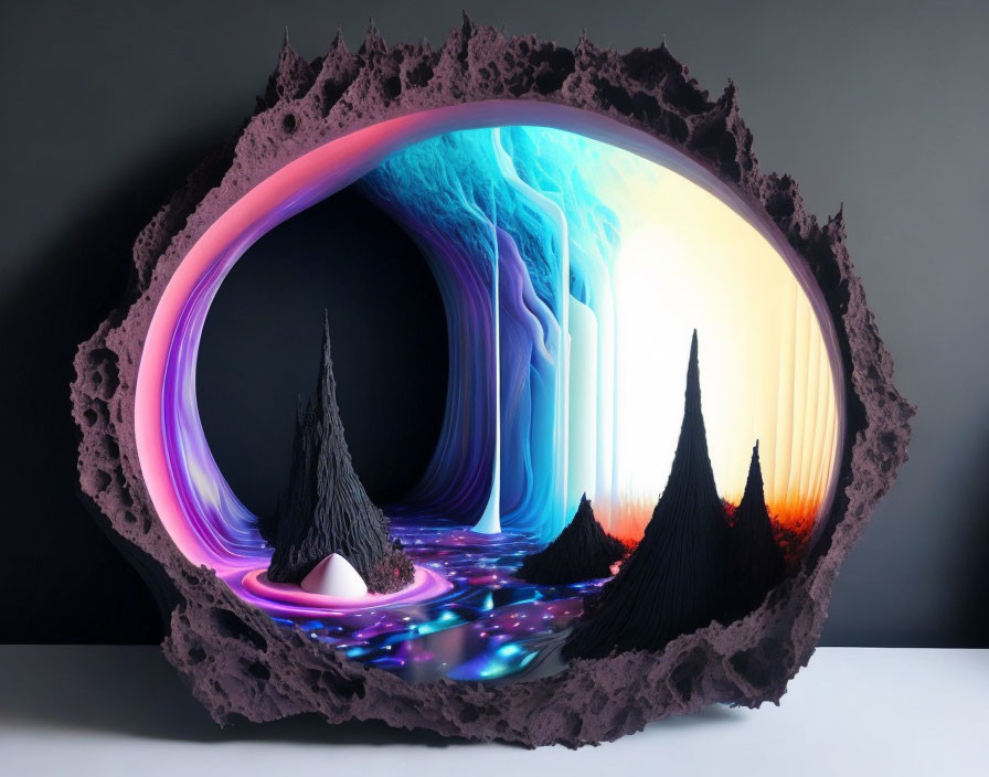 Surreal artwork: Oval portal with neon edges, luminescent trees & reflective water