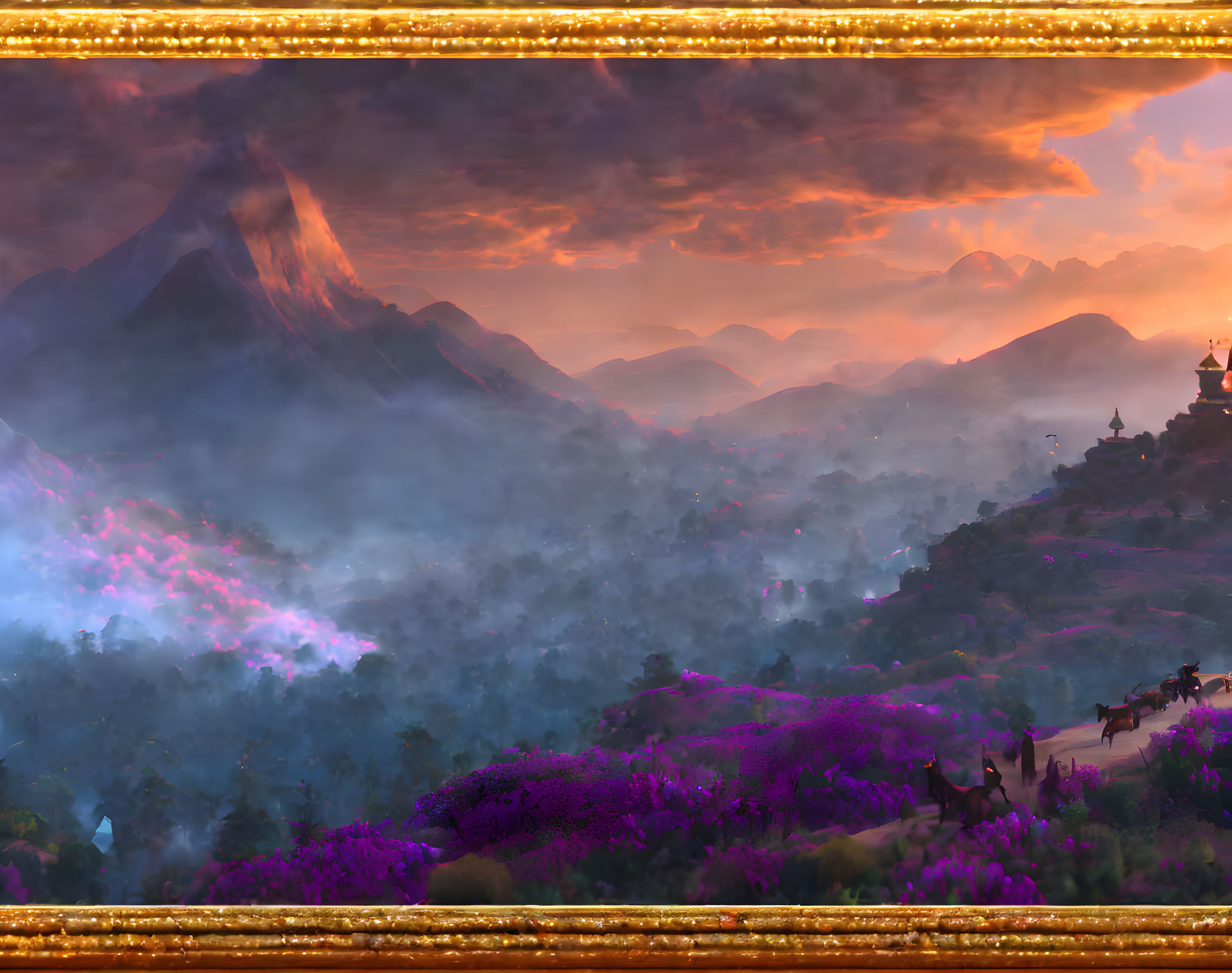 Fantastical Landscape with Purple Flora, Misty Mountains, Temple, and Luminous Sunset