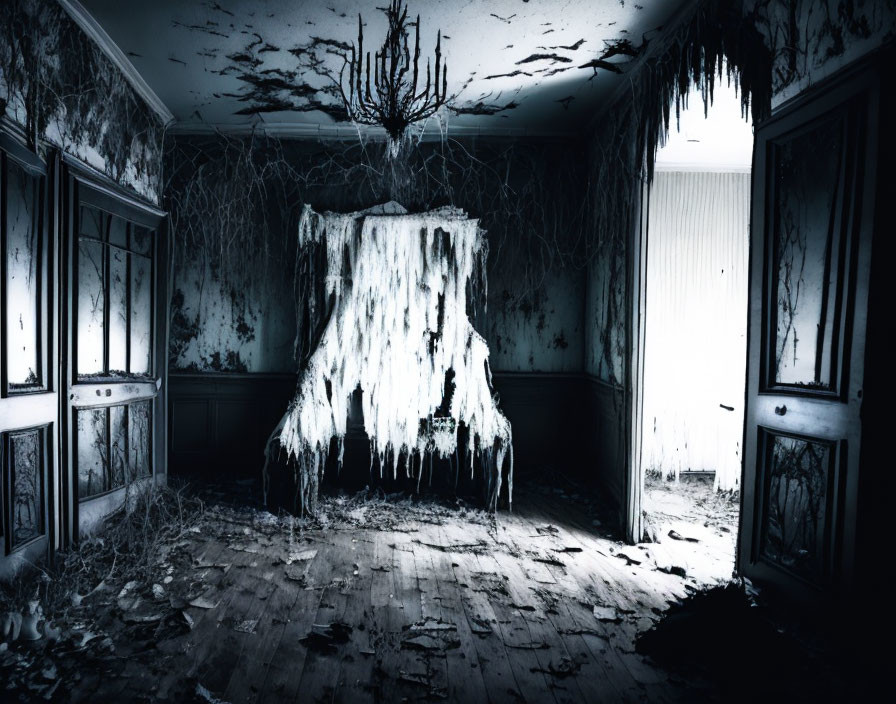 Desolate abandoned room with decaying chandelier and derelict furnishings