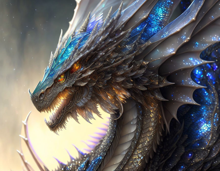 Majestic Dragon with Blue Scales and Amber Eyes