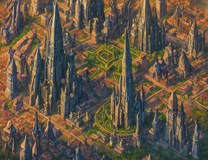 Fantasy city with gothic spires and landscaped courtyards at sunset