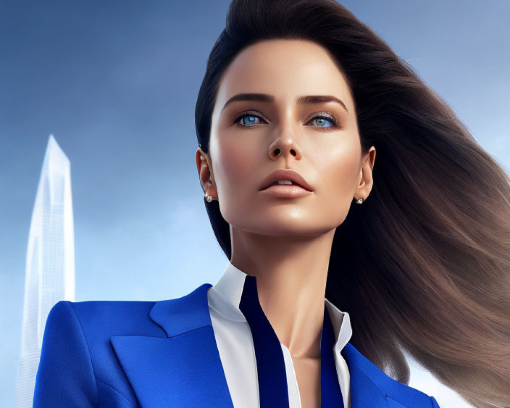 Woman with long brown hair in blue blazer gazes up against city backdrop